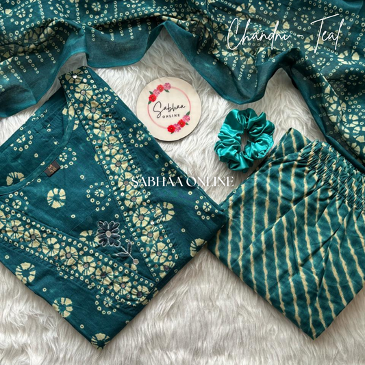 Chandni - Teal Bandhej Cotton Kurti 3pc set