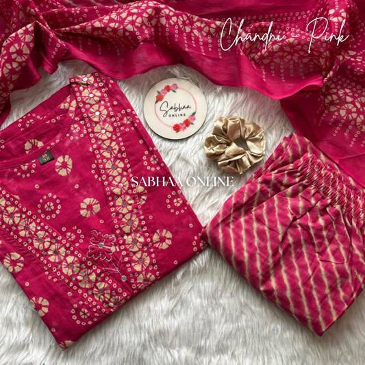 Chandni - Rani Pink Bandhej Cotton Kurti 3pc set