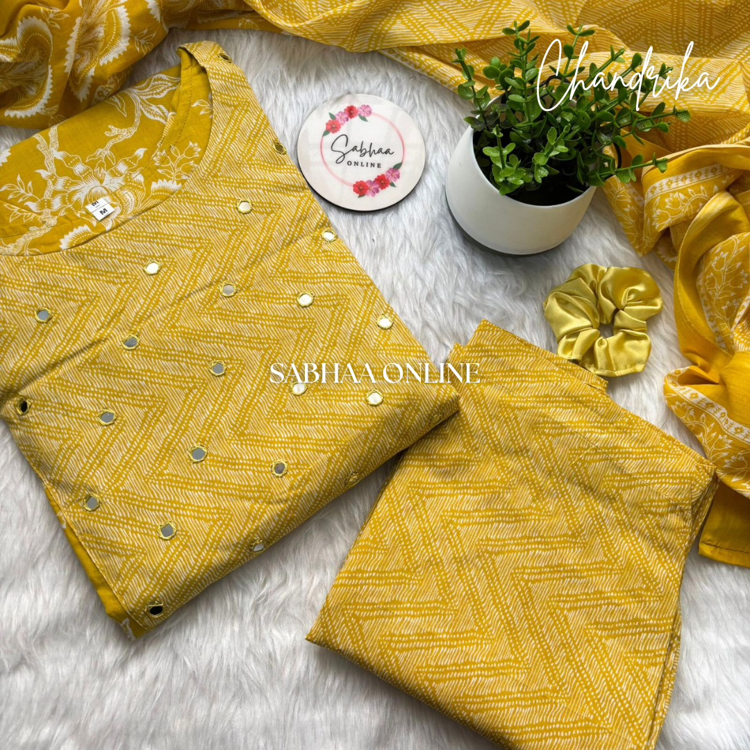 Chandrika - Yellow Cotton Kurti 3pc set with lining