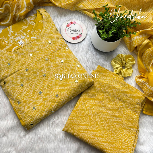 Chandrika - Yellow Cotton Kurti 3pc set with lining