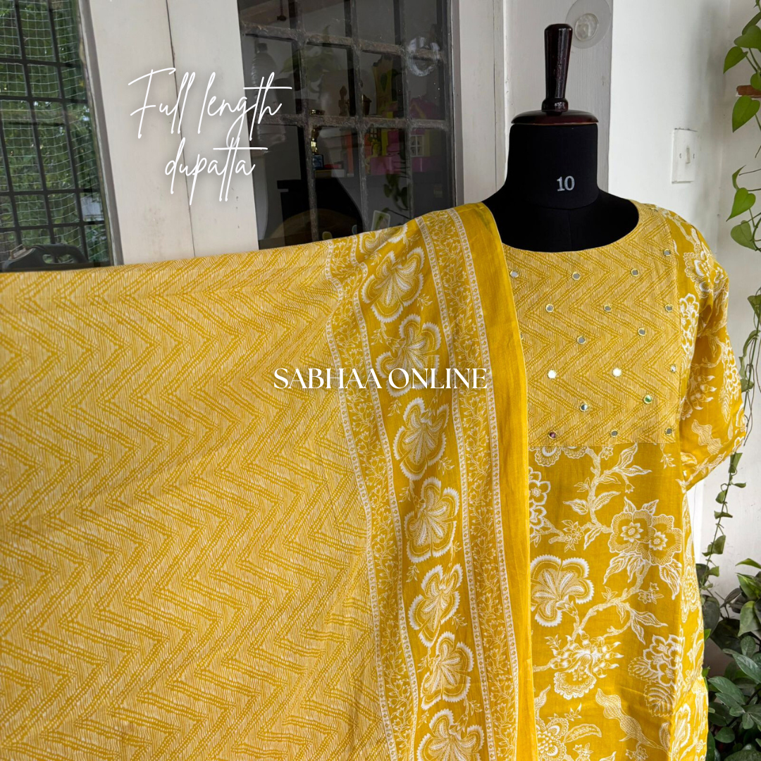 Chandrika - Yellow Cotton Kurti 3pc set with lining