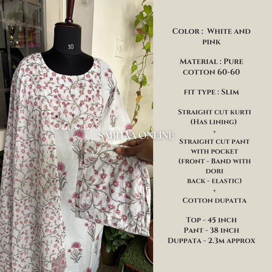 Alia - White and Pink Cotton Kurti 3pc set with lining (Slim fit)