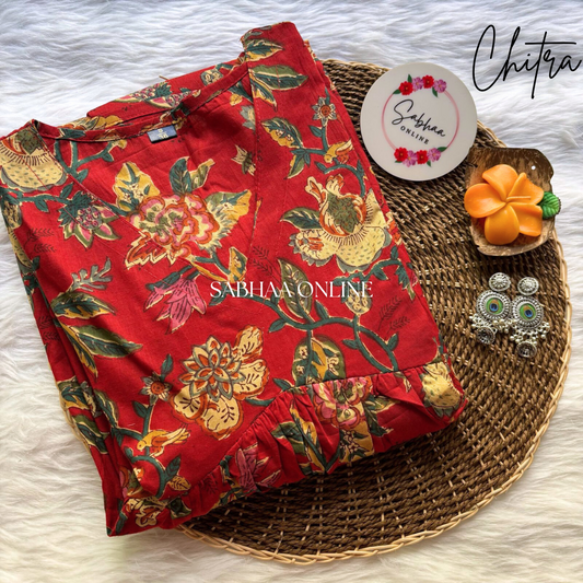 Chitra - Crimson Red Cotton Anarkali with full chudidhar sleeve
