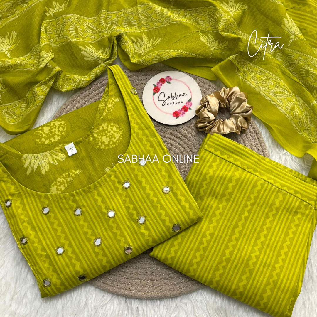 Citra - Lemon green Cotton Kurti 3pc set with lining