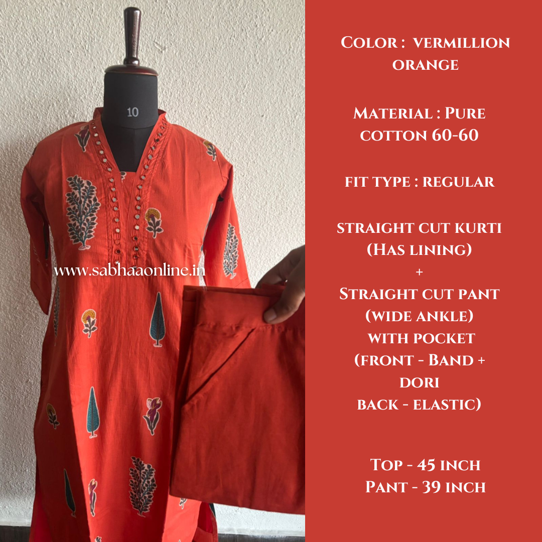 Inaya - Vermillion Orange Cotton coord set with lining - LN 43
