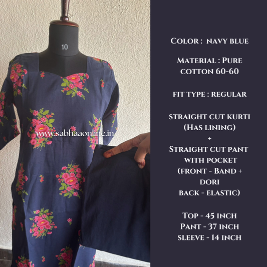 Farah - Navy Blue Cotton coord set with lining - LN 48