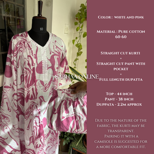 Misha - White and Pink Cotton Kurti 3pc set