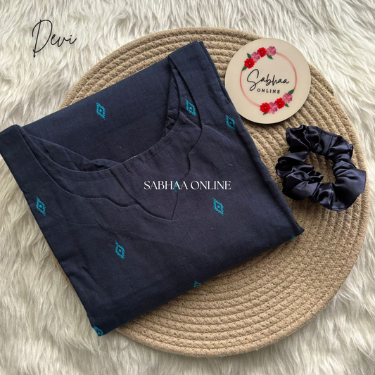 Devi - Navy Blue Handloom Cotton kurti with lining (Slim fit)
