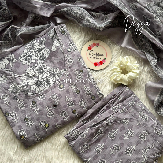 Deyga - Slate grey Cotton Kurti 3pc set with lining (Slim fit)