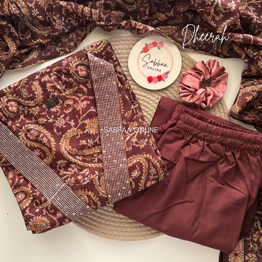 Dheerah - Brown Paisley Cotton kurti 3pc set - LN 15