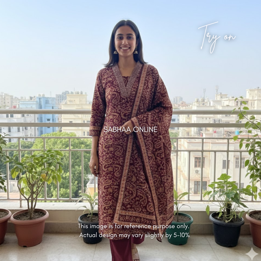 Dheerah - Brown Paisley Cotton kurti 3pc set - LN 15