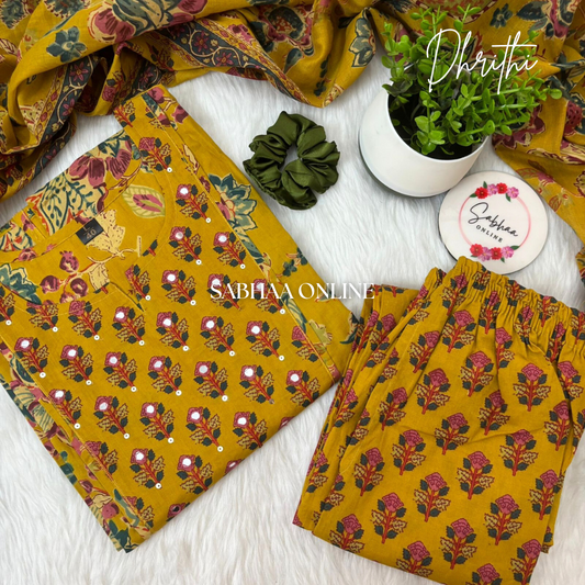 Dhrithi - Amber Yellow Cotton Kurti 3pc set