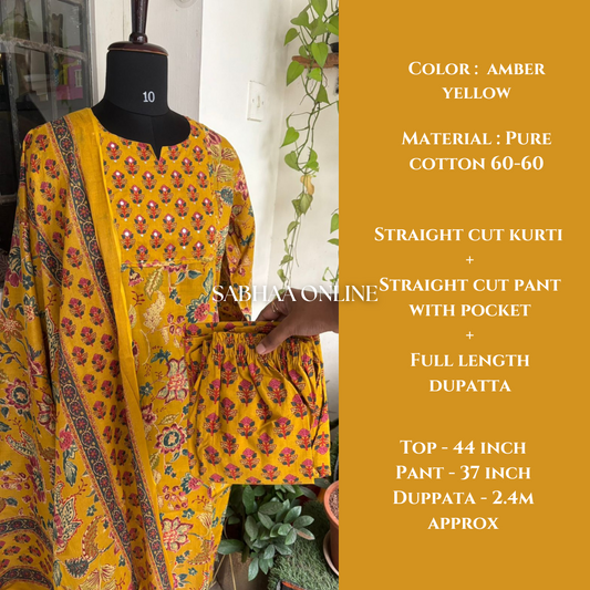 Dhrithi - Amber Yellow Cotton Kurti 3pc set
