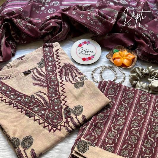 Dipti - Light Mauve and Magenta Cotton Kurti 3pc set
