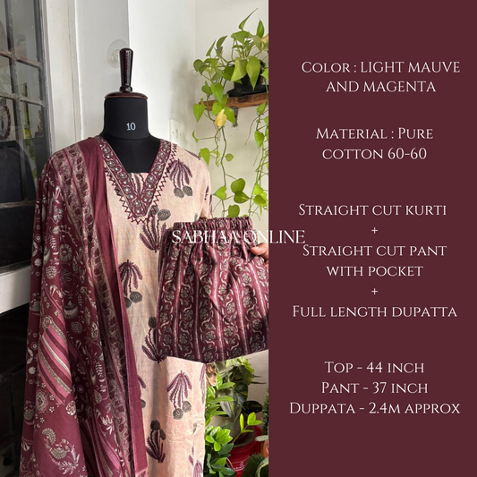 Dipti - Light Mauve and Magenta Cotton Kurti 3pc set