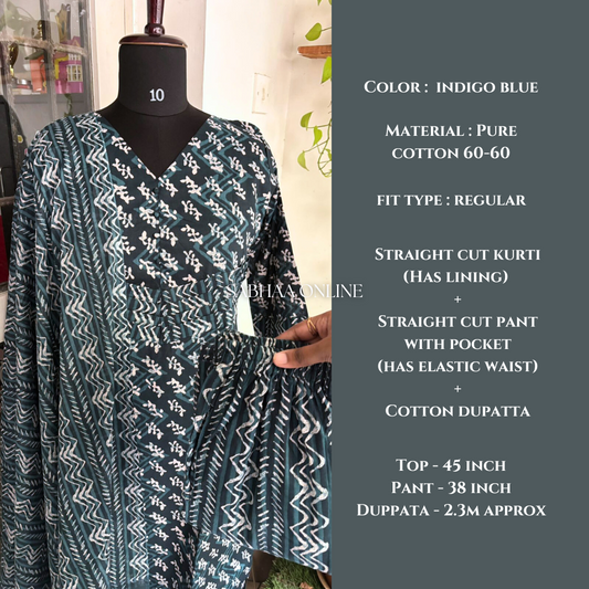 Dorothy - Indigo Blue Cotton Kurti 3pc set with lining