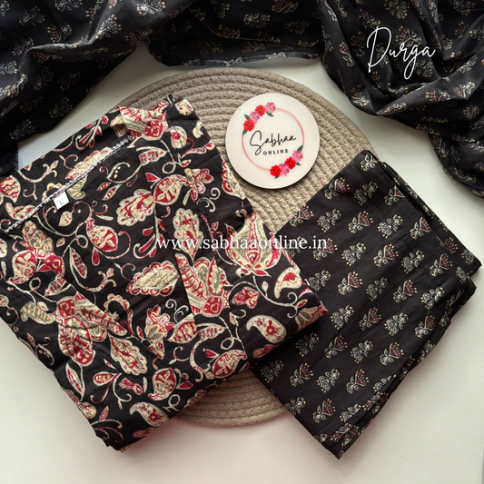 Durga - Black and Cream Cotton Kurti 3pc set with lining - LN20