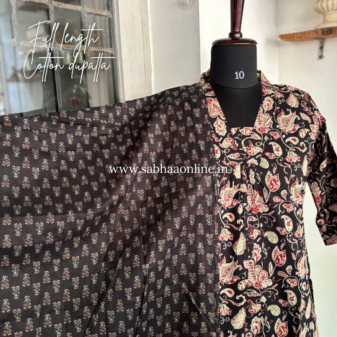 Durga - Black and Cream Cotton Kurti 3pc set with lining - LN20