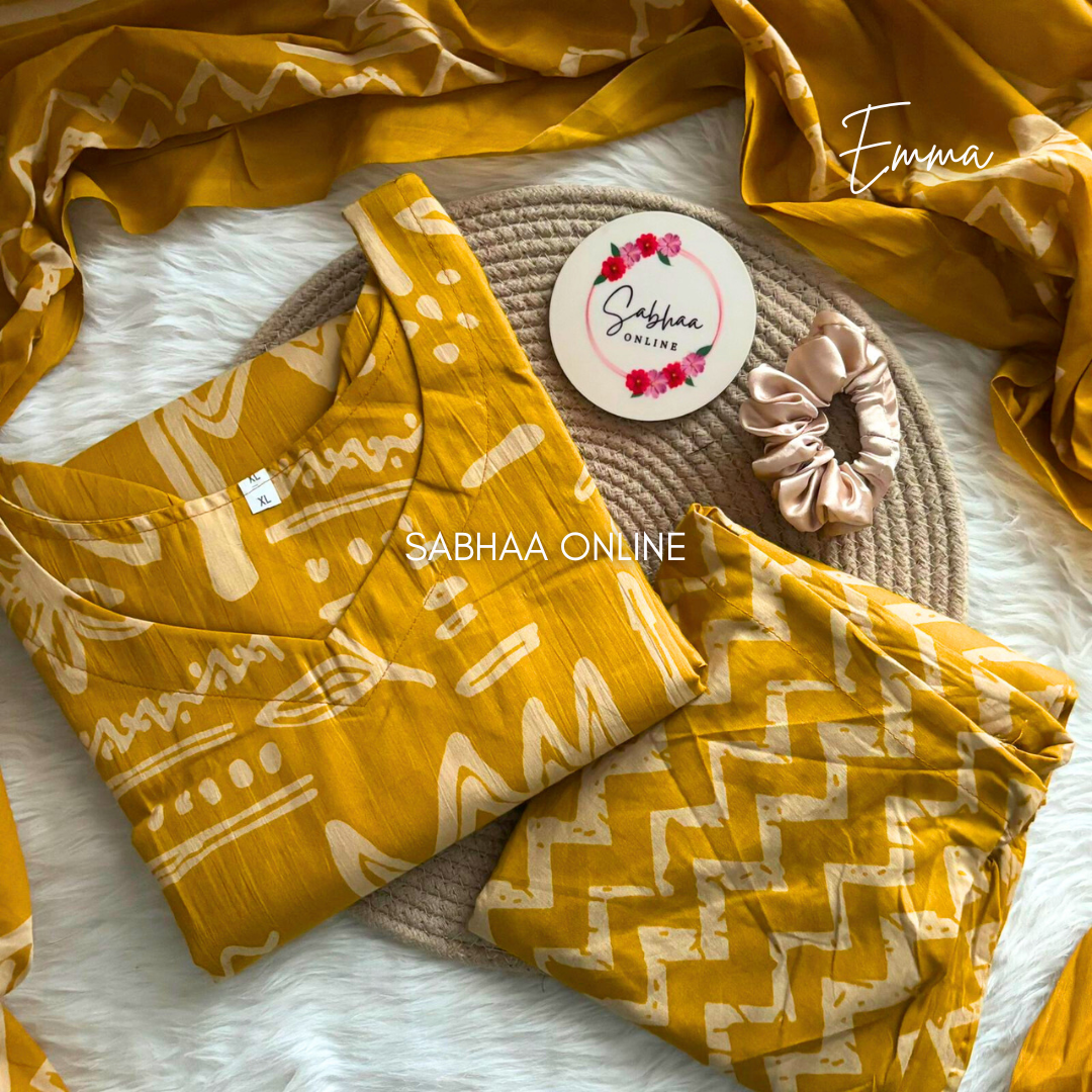 Emma - Mustard Yellow Cotton kurti 3pc set with lining- LN6