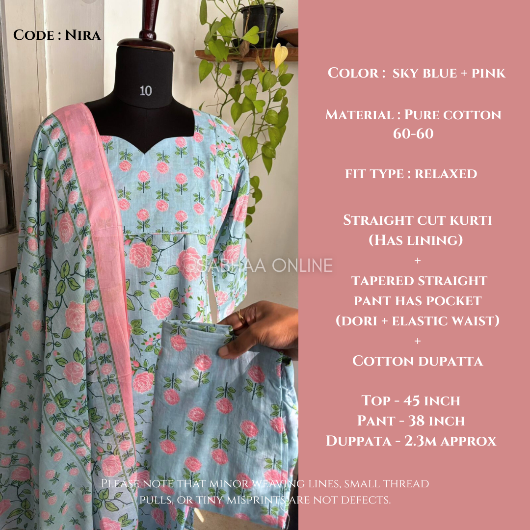 Nira - Sky blue Cotton kurti 3pc set with lining - Relaxed fit - LN 11