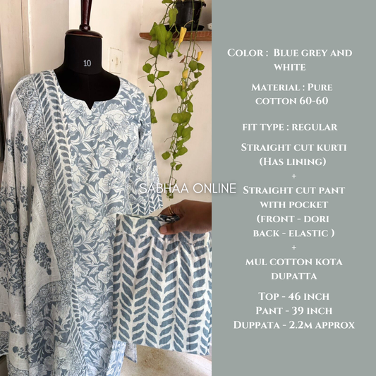 Vysha - Bluish Grey and White Cotton kurti 3pc set with lining - LN14