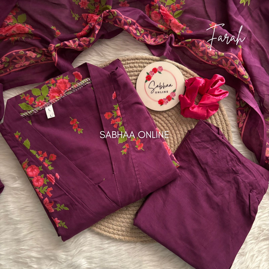 Farah - Grape purple and pink Cotton kurti 3pc set with lining - LN6