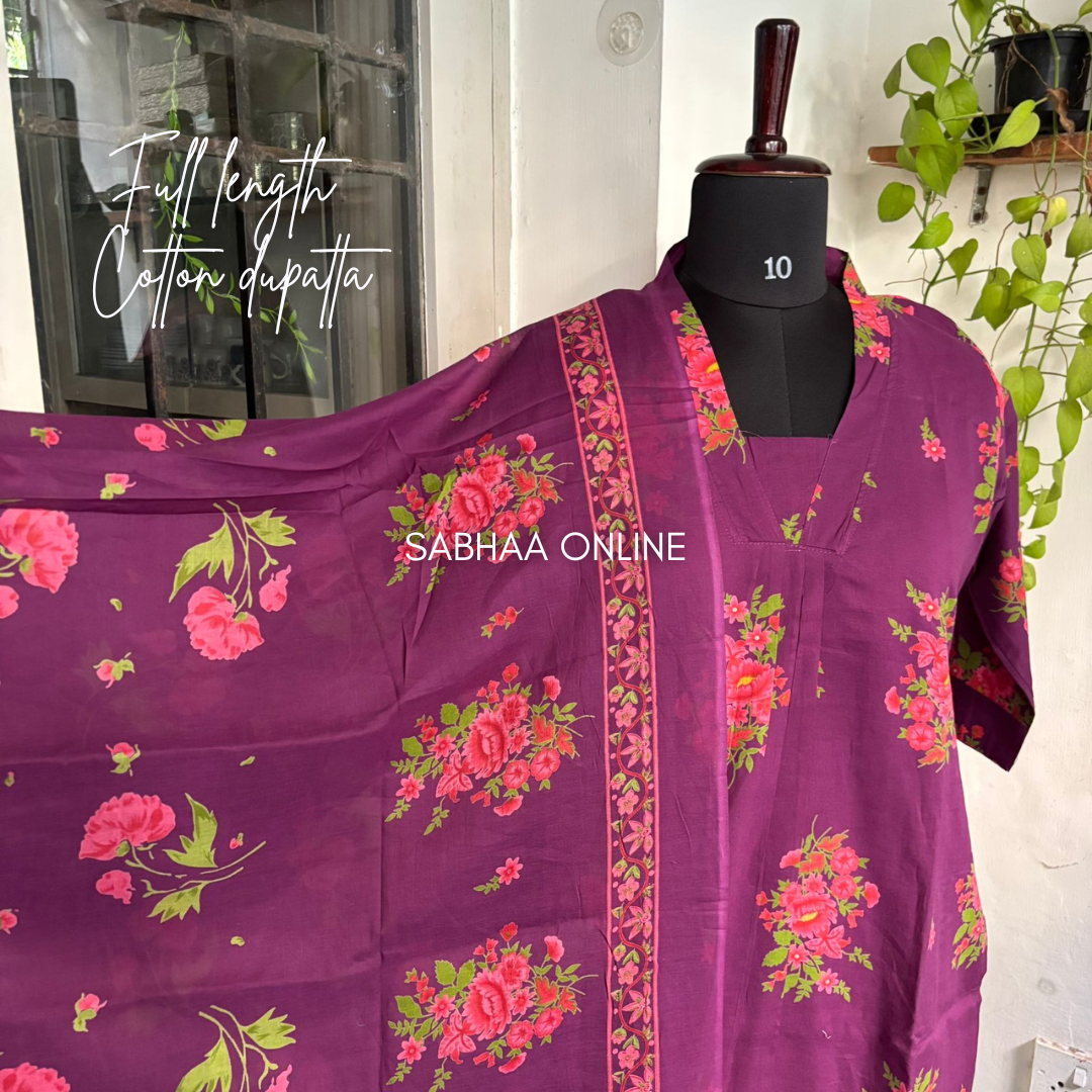 Farah - Grape purple and pink Cotton kurti 3pc set with lining - LN6