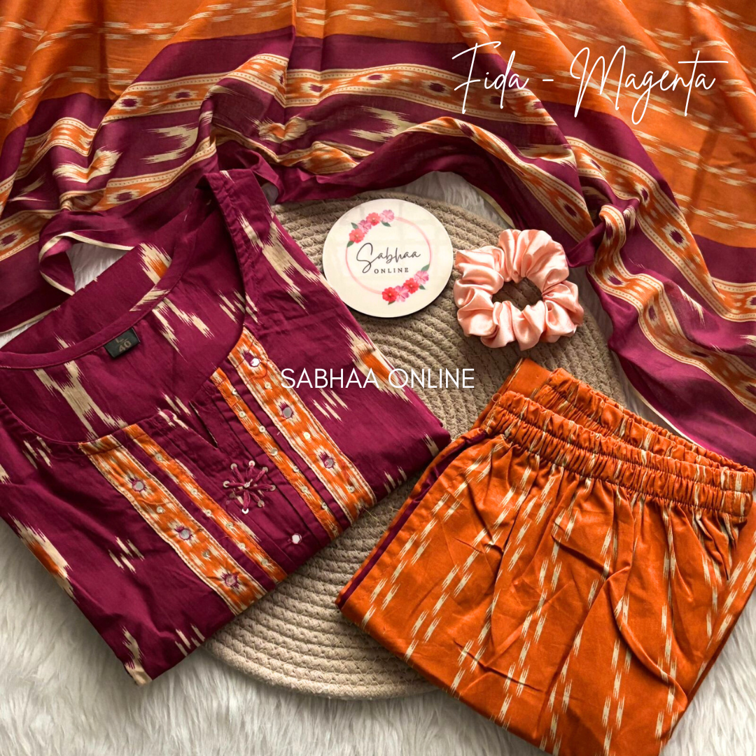 Fida - Magenta and Orange Ikkat Cotton Kurti 3pc set