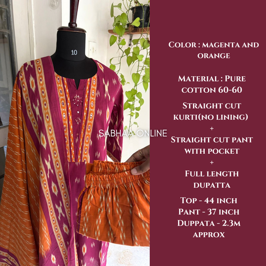 Fida - Magenta and Orange Ikkat Cotton Kurti 3pc set
