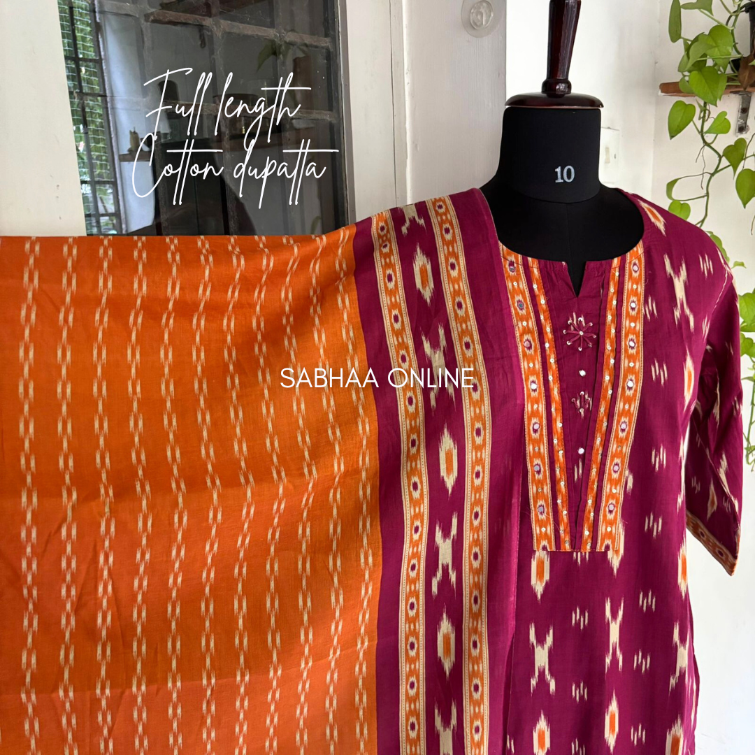 Fida - Magenta and Orange Ikkat Cotton Kurti 3pc set