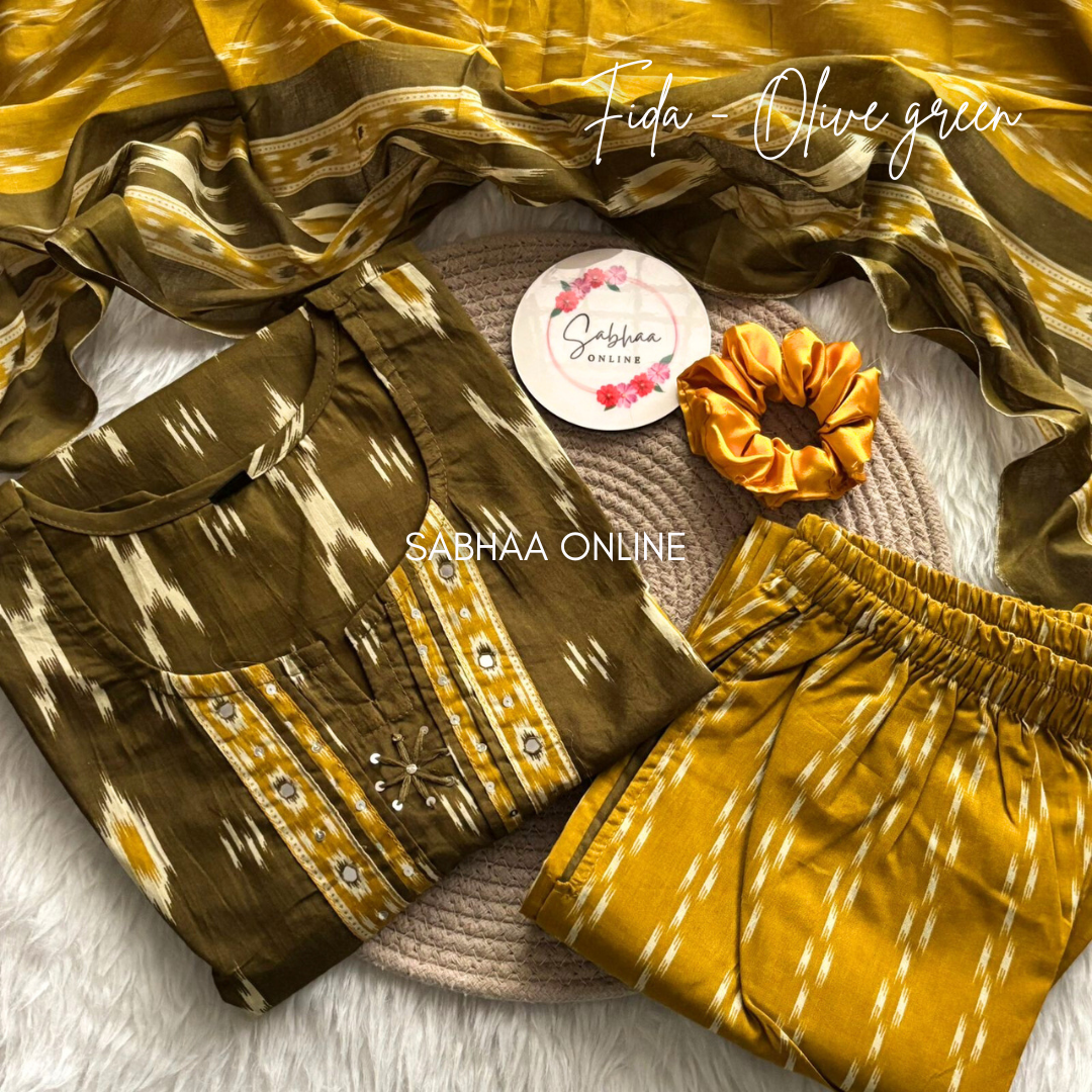 Fida - Olive green and Yellow Ikkat Cotton kurti 3pc set