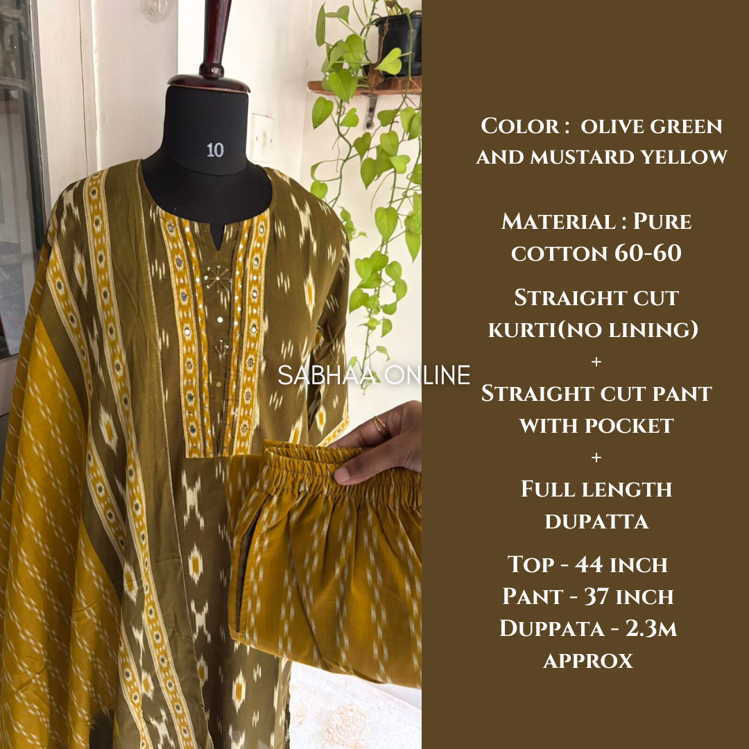 Fida - Olive green and Yellow Ikkat Cotton kurti 3pc set