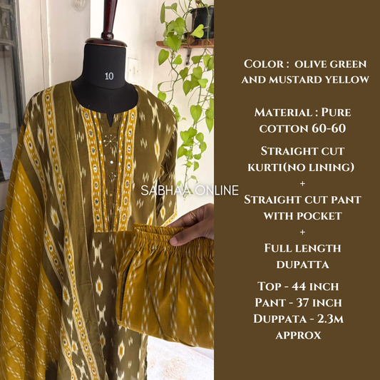 Fida - Olive green and Yellow Ikkat Cotton kurti 3pc set