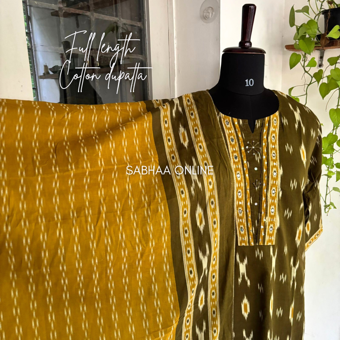 Fida - Olive green and Yellow Ikkat Cotton kurti 3pc set