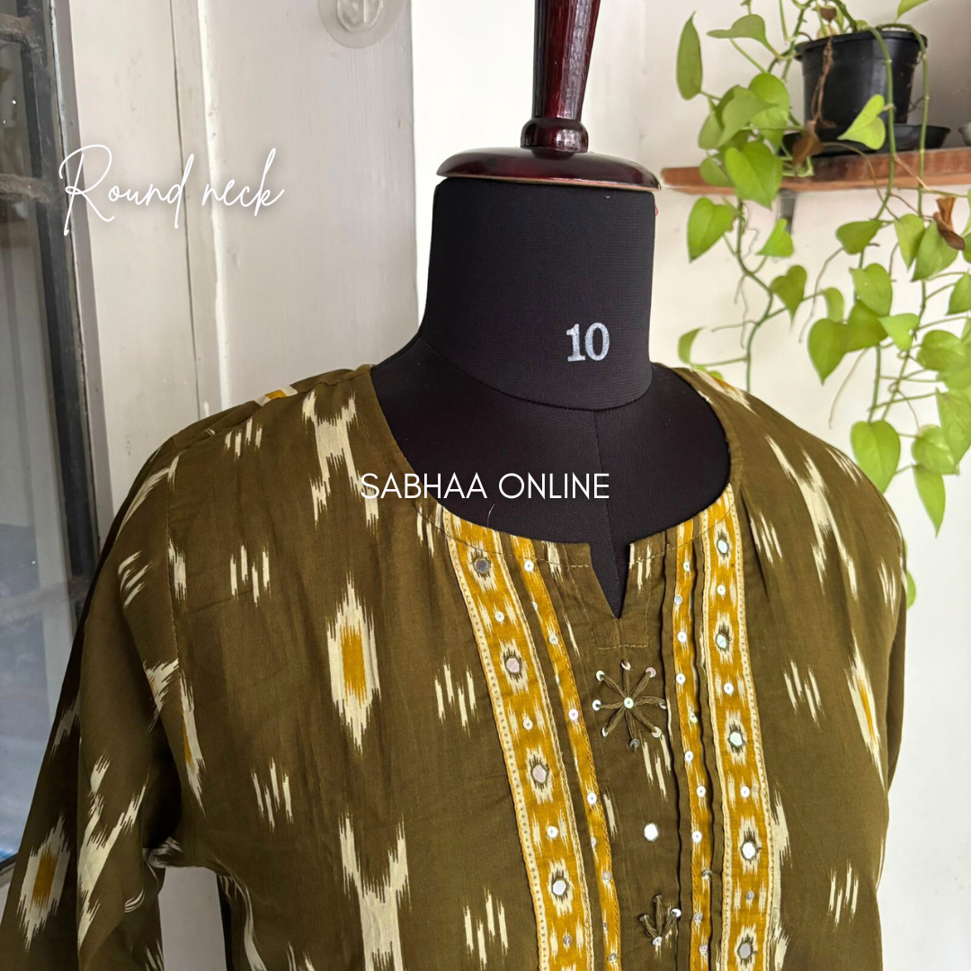 Fida - Olive green and Yellow Ikkat Cotton kurti 3pc set