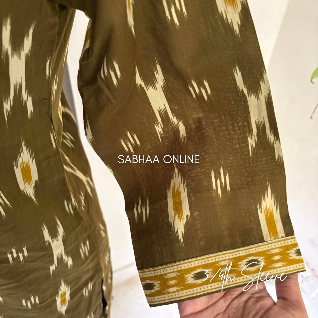 Fida - Olive green and Yellow Ikkat Cotton kurti 3pc set