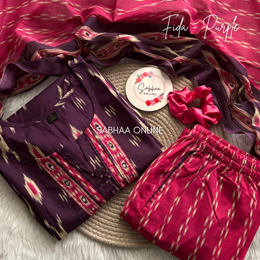 Fida - Purple and Pink Ikkat Cotton kurti 3pc set