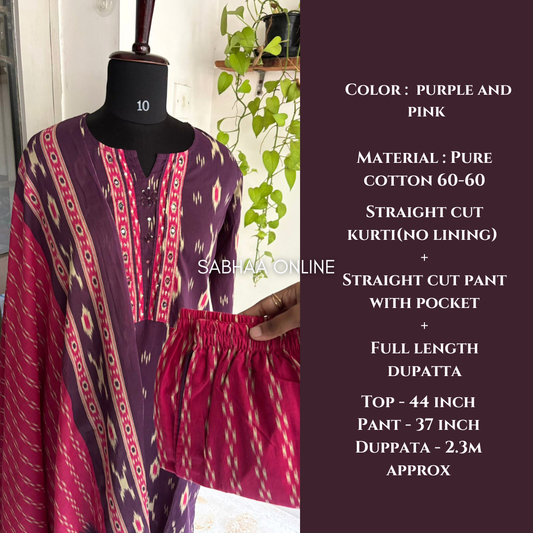Fida - Purple and Pink Ikkat Cotton kurti 3pc set