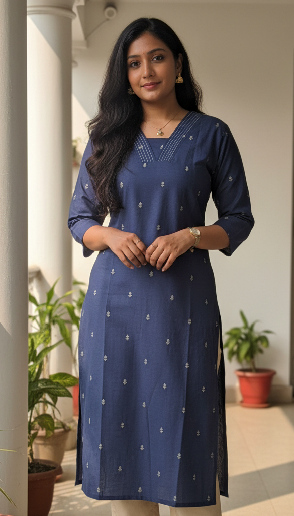 Mitra - Navy blue Handloom Cotton kurti with lining