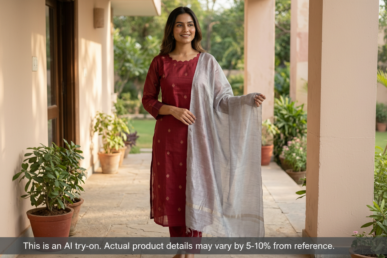 Chandra - Red and Silver grey Chanderi Kurti 3pc set with lining - LN 36