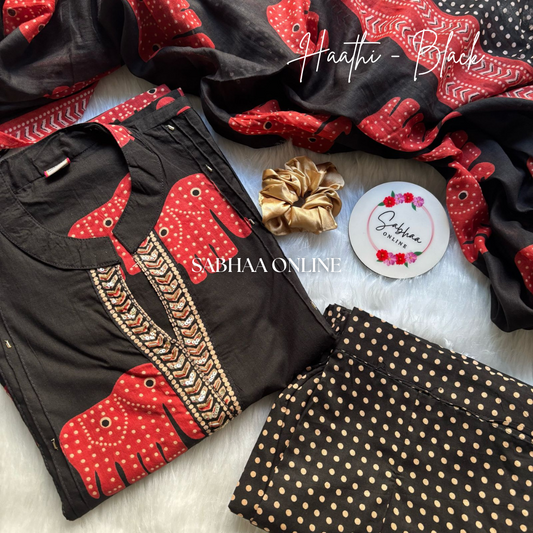 Haathi - Black Cotton Kurti 3pc set