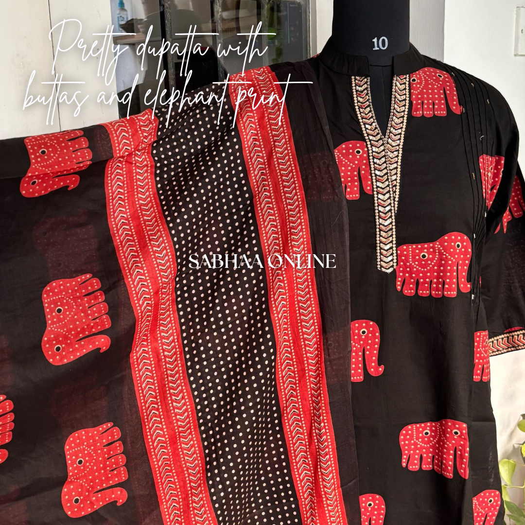 Haathi - Black Cotton Kurti 3pc set