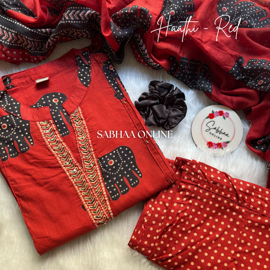 Haathi - Brick Red Cotton Kurti 3pc set