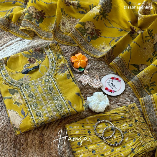 Hamsa - Mehandi Green Chanderi Festive kurti 3pc set