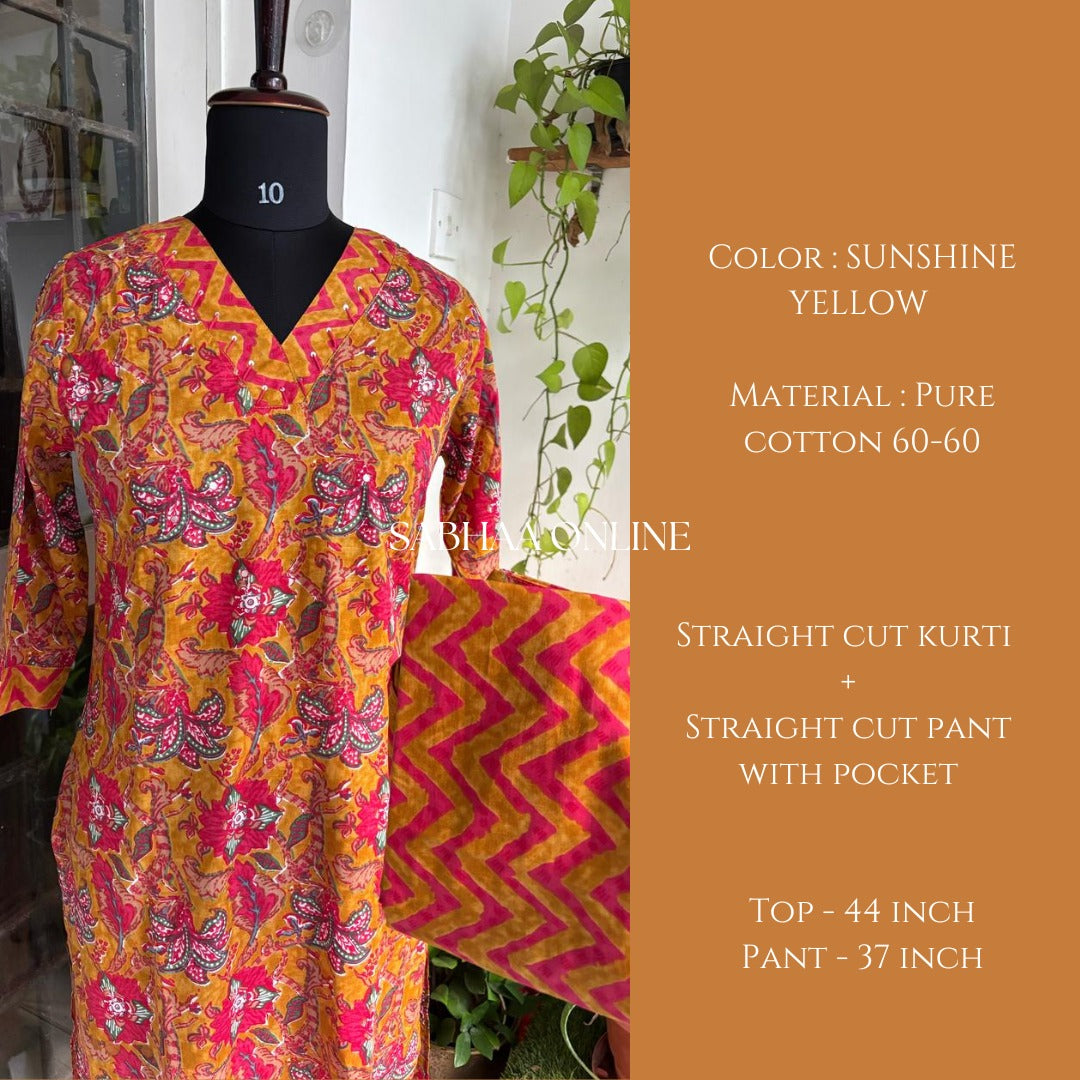 Mudra - Sunshine Yellow Cotton Kurti pant set