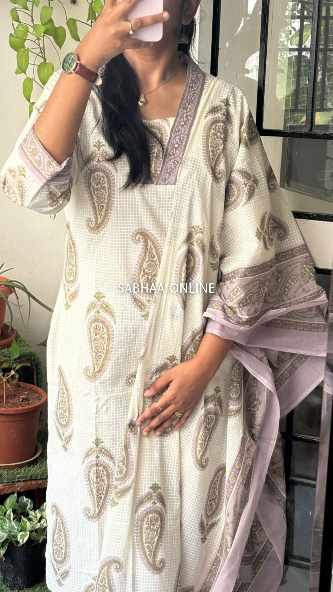 Kalki - Cream white and Mauve Cotton kurti 3pc set