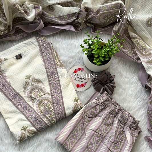 Kalki - Cream white and Mauve Cotton kurti 3pc set