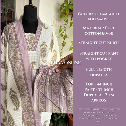Kalki - Cream white and Mauve Cotton kurti 3pc set
