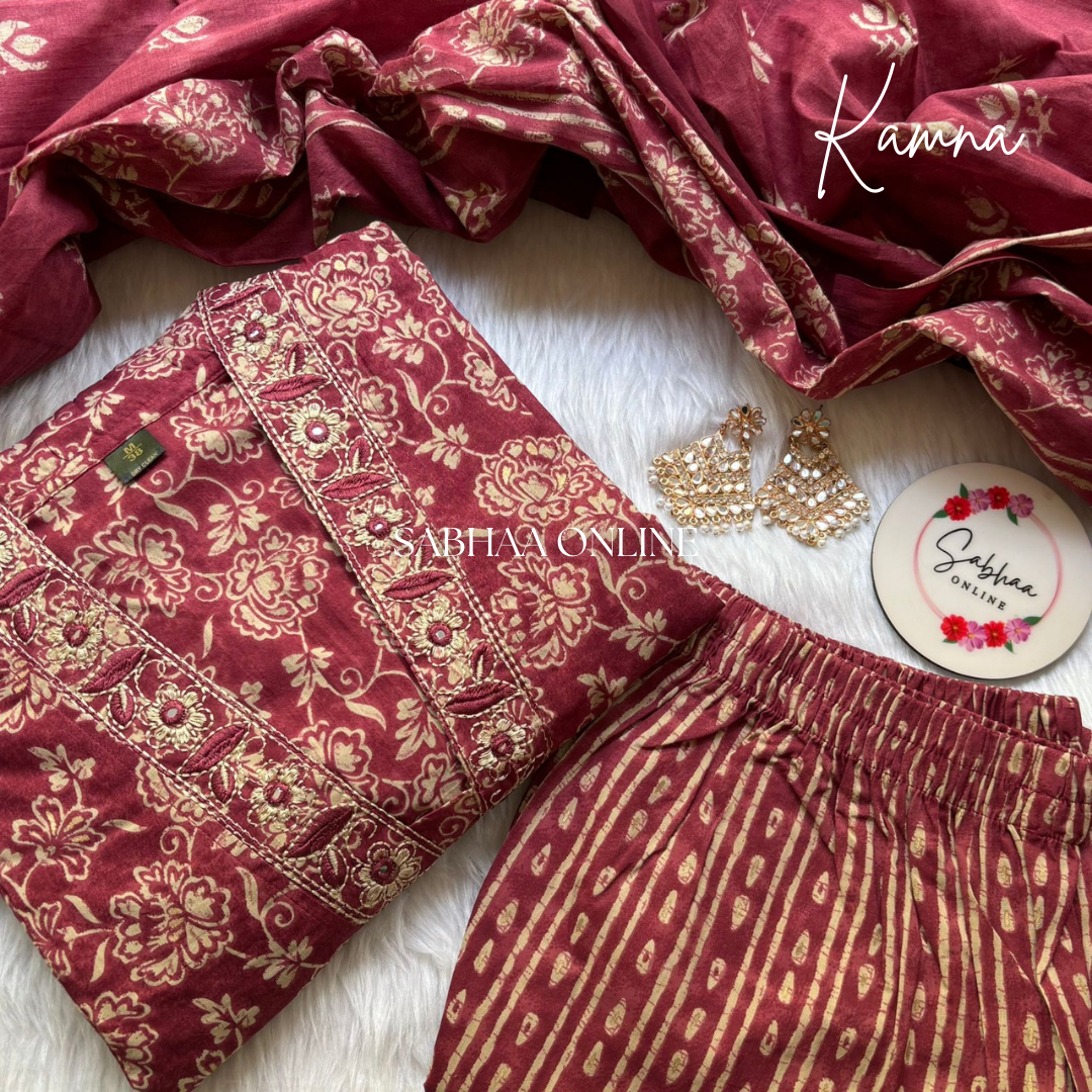 Kamna - Dark Red Cotton Aline kurti 3pc set