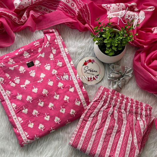 Kavya - Pink Cotton kurti 3pc set